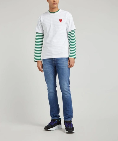 Shop Comme Des Garçons Play Long Sleeve Stripe Cotton T-shirt In Green And White