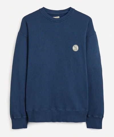 Shop Nudie Jeans Lukas Round Logo Sweater In Indigo Blue