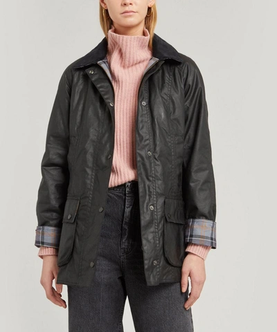 Barbour Womens Sage Beadnell Tartan-lined Waxed-cotton Jacket In Black