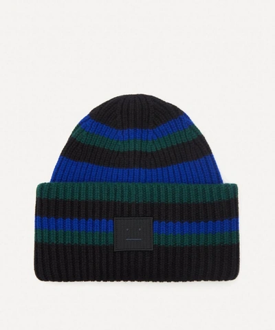 Shop Acne Studios Striped Wool Beanie Hat In Black/blue