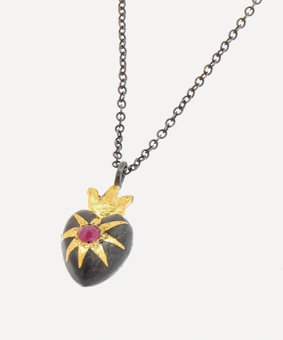 Shop Acanthus Oxidised Silver Shining Heart Ruby Pendant Necklace In Oxidised Silver/gold
