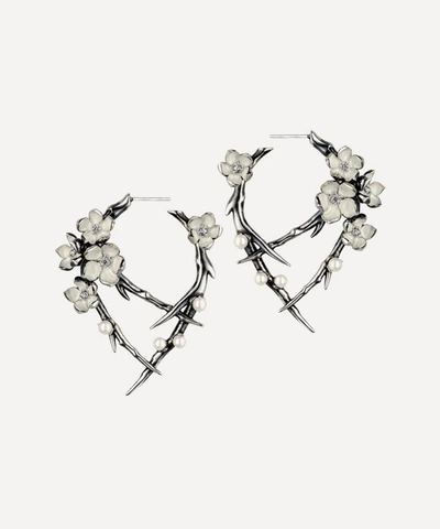 Shop Shaun Leane Cherry Blossom Pearl And Diamond Flower Hoop Earrings In Silver