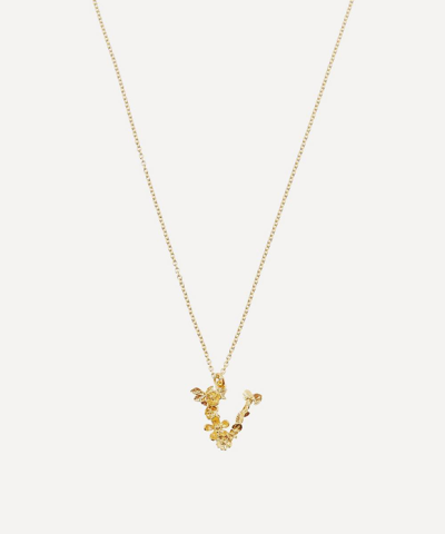 Alex Monroe Gold-plated Floral Letter V Alphabet Necklace In Gold