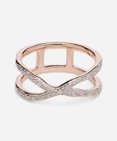 Shop Monica Vinader Rose Gold Plated Vermeil Silver Riva Wave Cross Ring In 25-gold