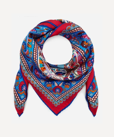 Liberty London Peacock Garden 70 X 70 Silk Scarf In Red