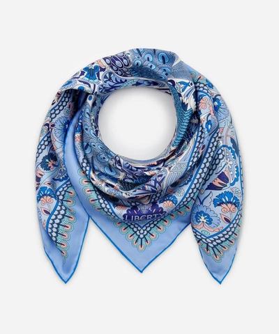 Liberty London Peacock Garden 70 X 70cm Silk Twill Scarf In Blue