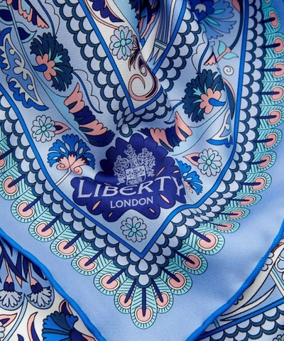 Liberty London Peacock Garden 70 X 70cm Silk Twill Scarf In Blue