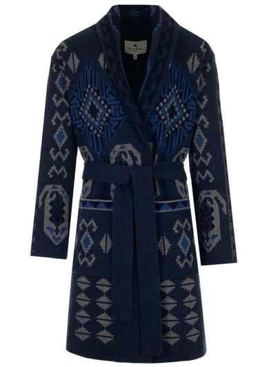 Shop Etro Belted Graphic Intarsia Cardigan In Navy