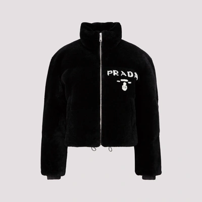 Shop Prada Logo Shearling Jacket In Black