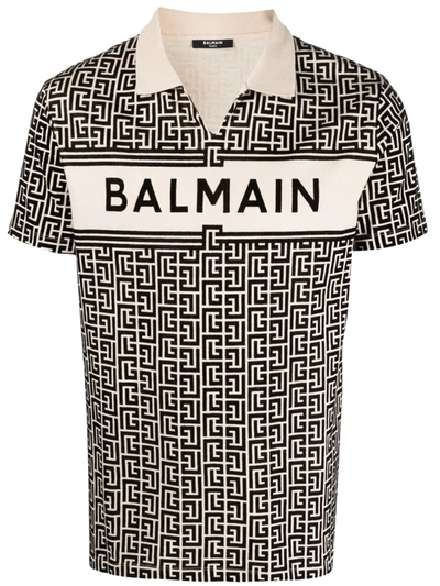 Shop Balmain Flocked-logo Monogram Polo Shirt In Schwarz