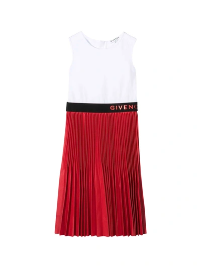 Shop Givenchy Kids Logo Trim Pleated Midi Dress In Multi