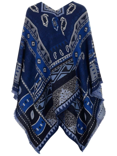 Shop Etro Pattern Embroidered Knit Poncho In Blue