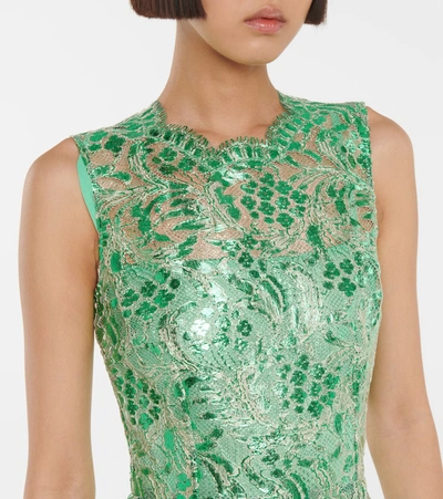 Shop Dolce & Gabbana Laminated Lace Midi Dress In Green