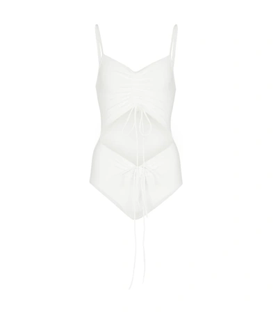 Shop Christopher Esber Cutout Ruched Swimsuit In White