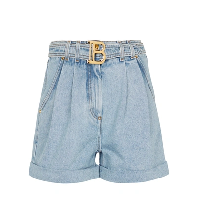 Shop Balmain High-rise Denim Shorts In Blue