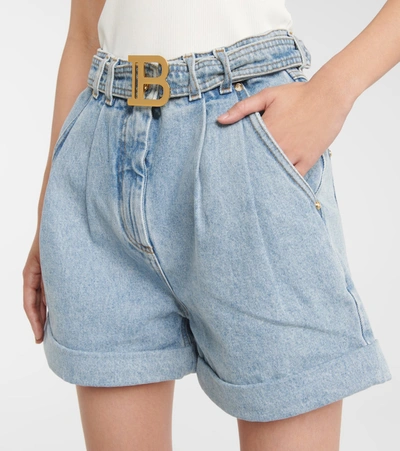 Shop Balmain High-rise Denim Shorts In Blue