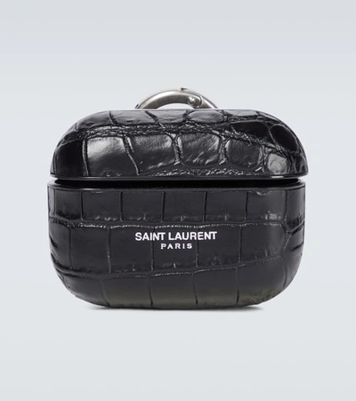 Shop Saint Laurent Croc-effect Leather Airpods Case In Black