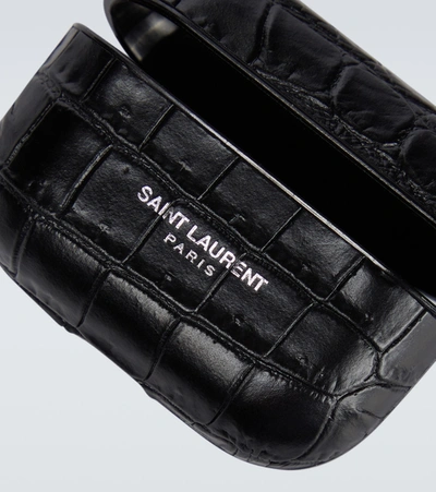 Shop Saint Laurent Croc-effect Leather Airpods Case In Black
