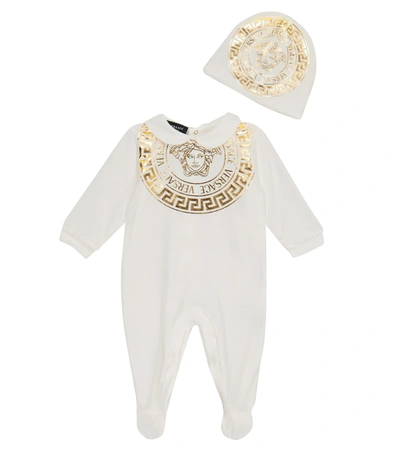 Shop Versace Baby Medusa Stretch-cotton Onesie And Hat Set In White