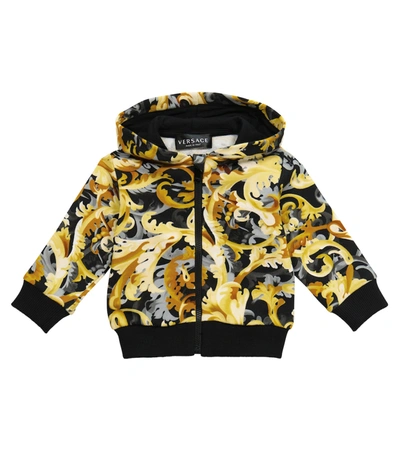 Shop Versace Baby Printed Cotton Zip-up Hoodie In Yellow