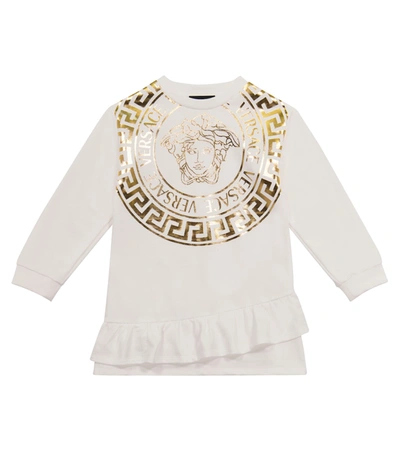 Shop Versace Medusa Cotton-blend Sweatshirt Dress In Bianco+oro