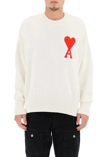 Shop Ami Alexandre Mattiussi Oversized Sweater Ami De Coeur Embroidery In White (white)