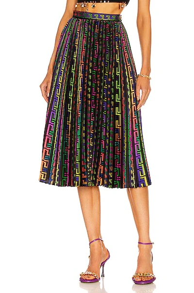 Shop Versace Neon Greek Pleated Skirt In Multicolor & Nero