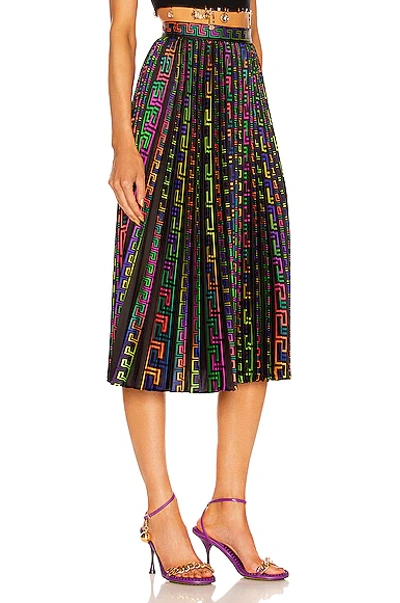 Shop Versace Neon Greek Pleated Skirt In Multicolor & Nero