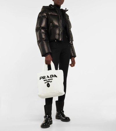 Prada Medium Logo Shearling Tote In White