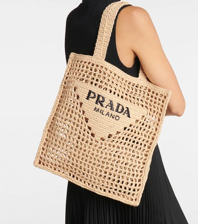 Prada Small Logo Raffia Tote In Neutral