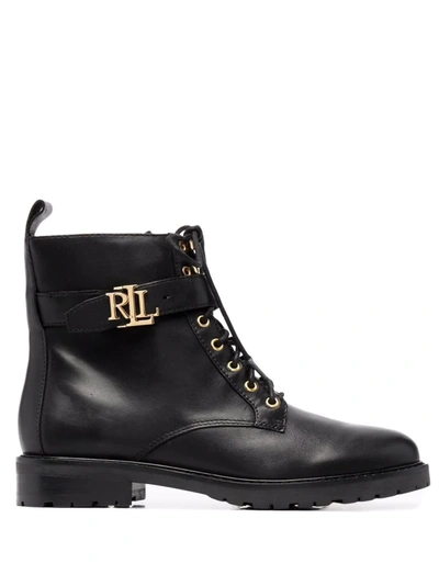 Shop Lauren Ralph Lauren Burnished Logo-plaque Lace-up Leather Boots In Black