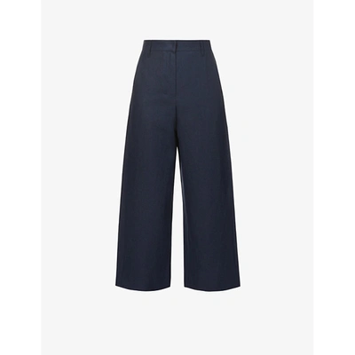 Shop Max Mara Nava Wide-leg High-rise Linen Trousers In Blu