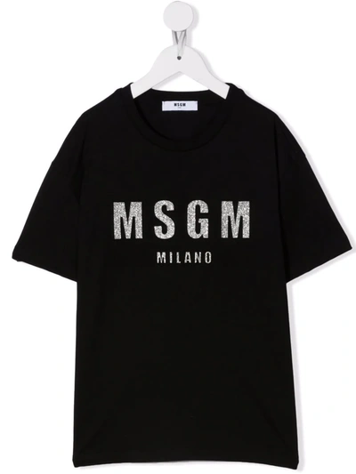 Shop Msgm Glitter Logo-print Cotton T-shirt In Black
