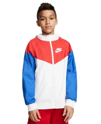 Shop Nike Big Boys Wind Runner Sportswear Jacket In White, Game Royal, University Red