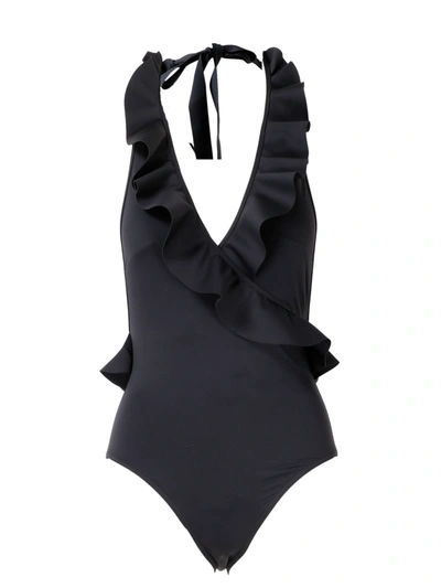 Shop Zimmermann Cassia Frill Wrap Swimsuit In Black