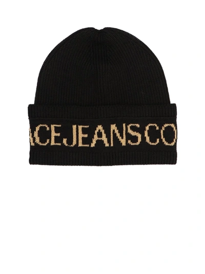 Shop Versace Jeans Couture Black Wool Blend Beanie In Nero+oro