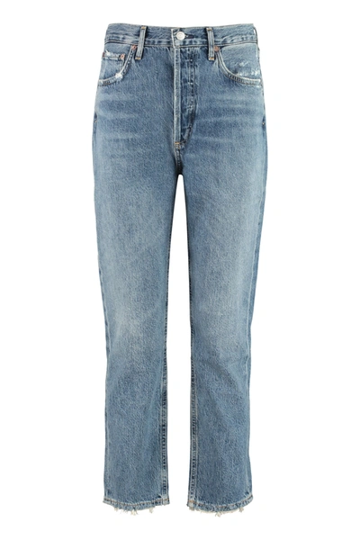 Shop Agolde Riley Distressed Jeans In Denim