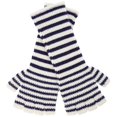 Shop Burberry Striped Cashmere Fingerless Gloves In Blue