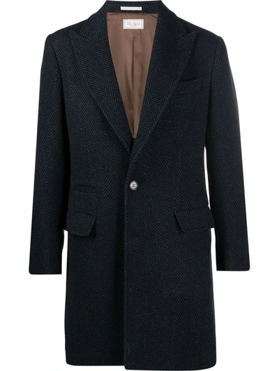 Shop Brunello Cucinelli Chevron-knit Single-breasted Coat In Blue