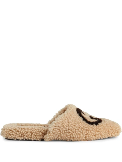 Shop Gucci Interlocking G Shearling Flat Slippers In Nude