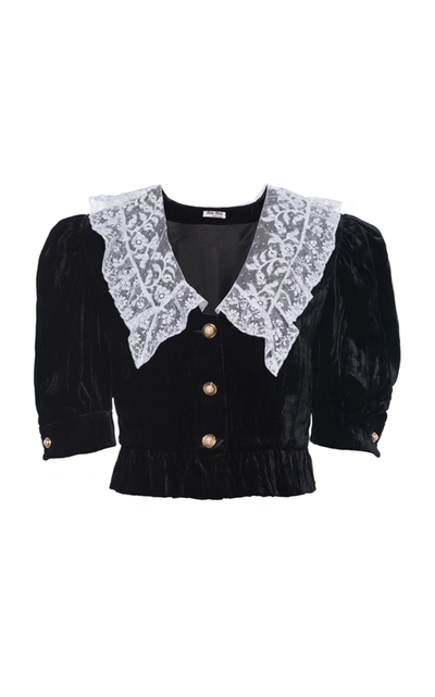 Shop Miu Miu Cropped Collared Velvet Top In Black