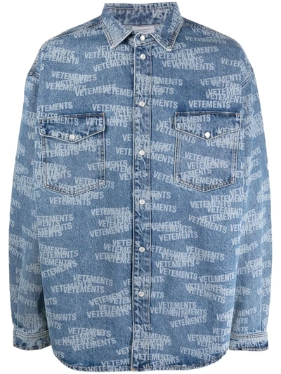 Shop Vetements All-over Logo-print Denim Shirt In Blue
