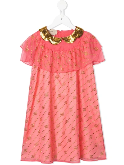 GUCCI INTERLOCKING G RHINESTONE-EMBELLISHED SILK DRESS 