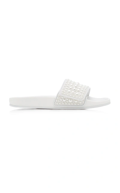 Shop Jimmy Choo Women's Fitz Pearl-embellished Canvas Pool Slides In White