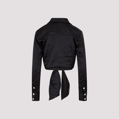 Shop Ganni Crinkled Satin Wrap Shirt In Black