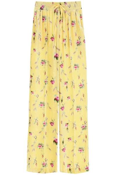 Shop Red Valentino Sweet Roses Print Velvet Trousers In Ginestra (yellow)