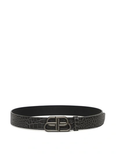 Shop Balenciaga Croc-embossed Bb Logo Belt Dark Grey In Black