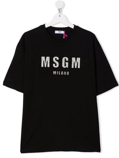 Shop Msgm Teen Glitter Logo-print Cotton T-shirt In Black