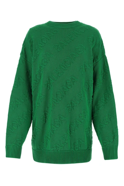 Shop Balenciaga Allover Logo Intarsia Knitted Sweater In Green