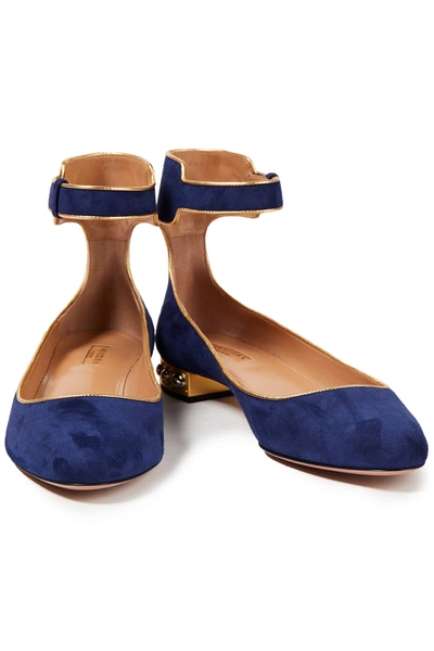 Shop Aquazzura Lucky Star Embellished Suede Ballet Flats In Navy
